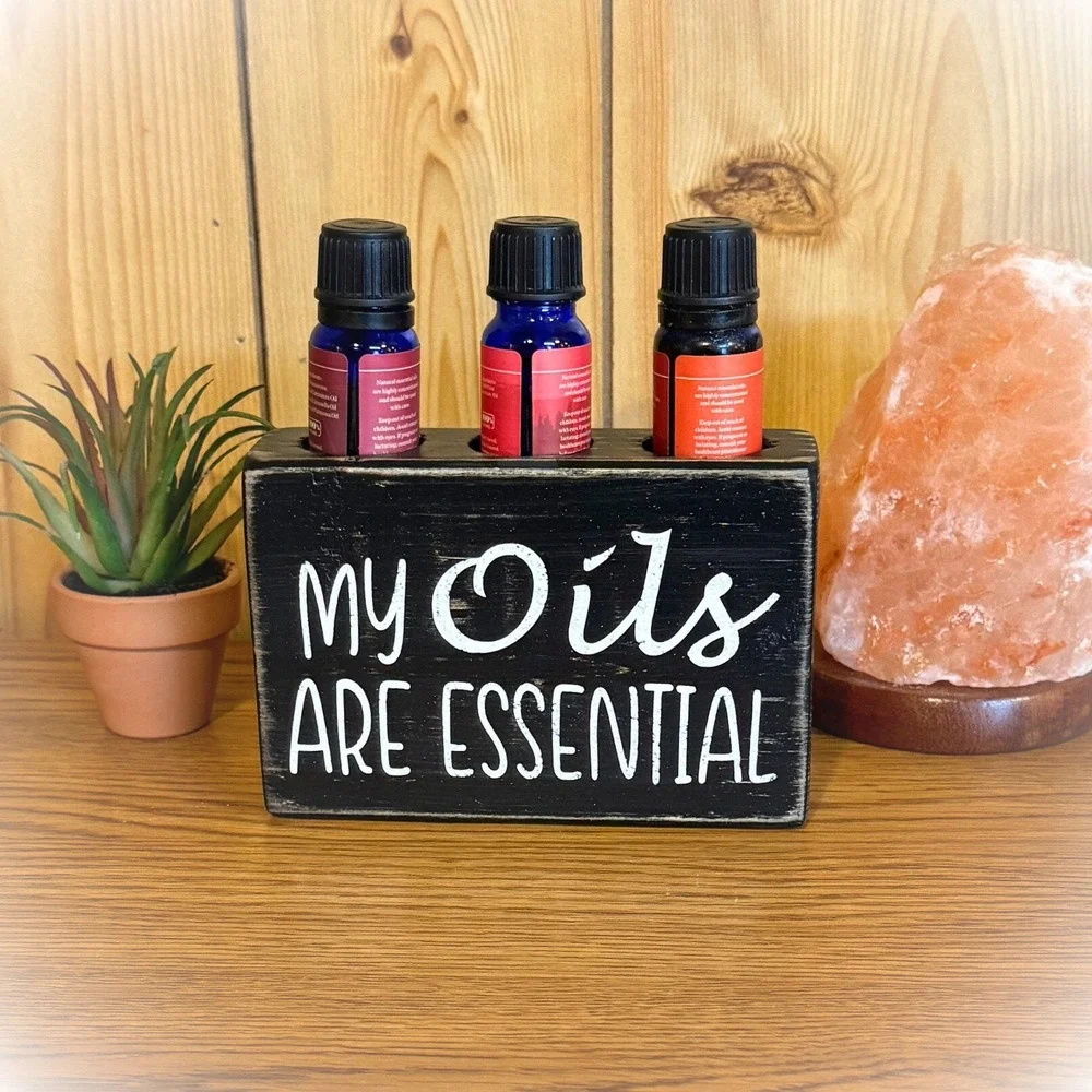 Basket Case Designs My Oils Are Essential‎ Wood Sign Essential Oil Holder Black